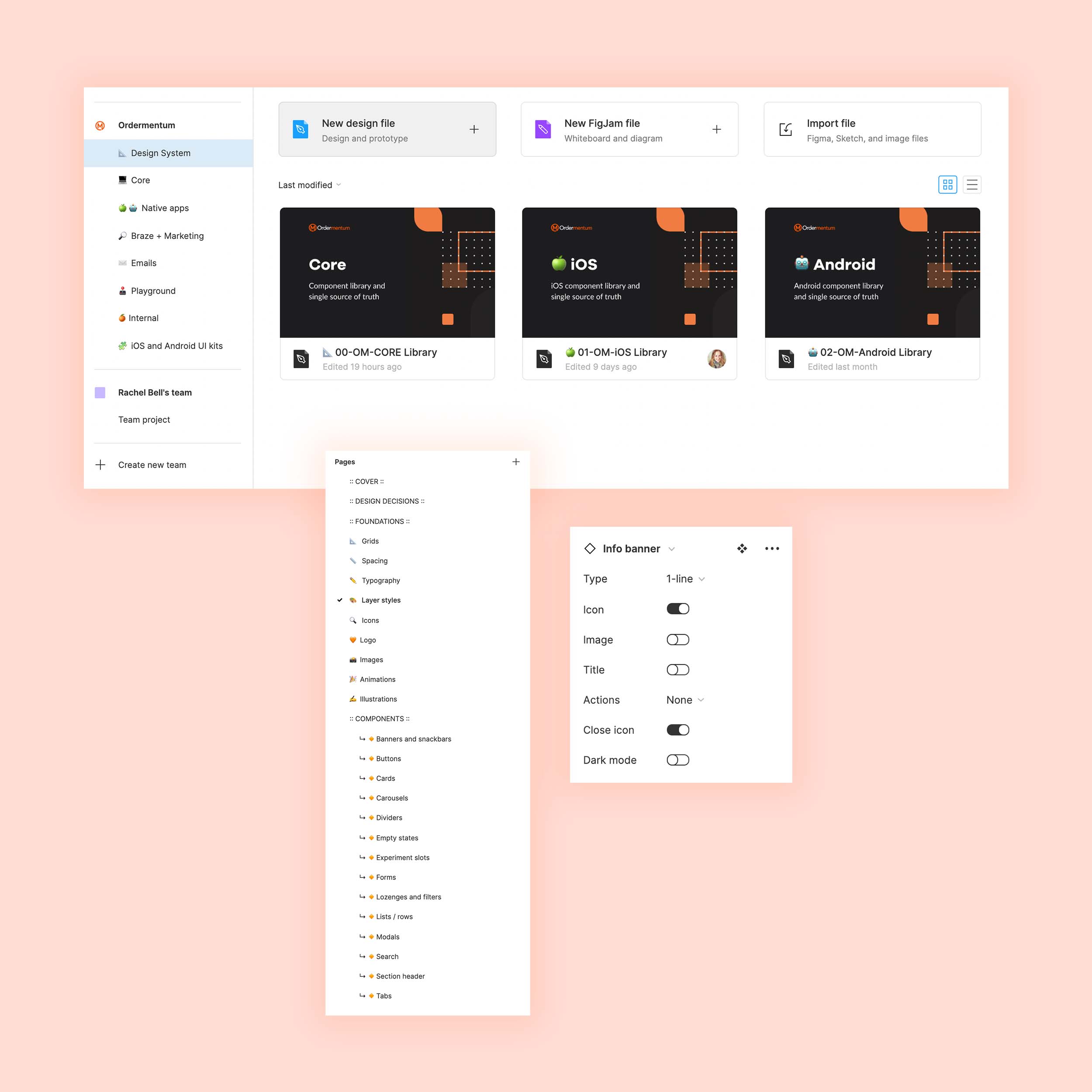 Screenshots of design system setup in Figma.