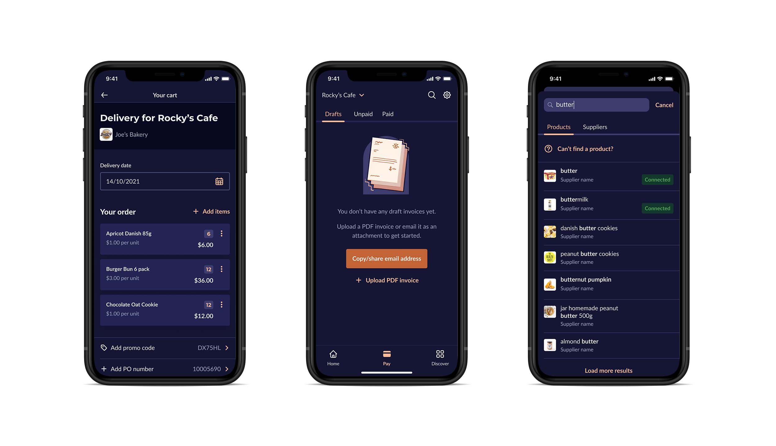 Phone mockups of dark mode app designs.