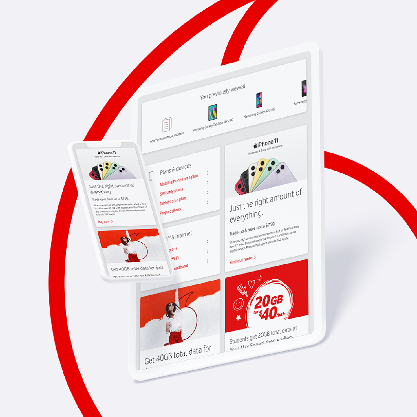 Phone and tablet mockups of Vodafone homepage.