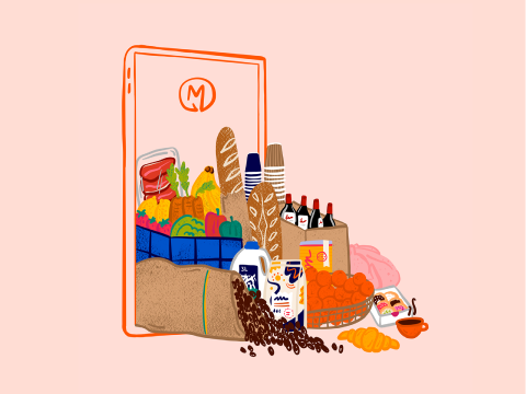 Illustration of groceries falling out of a phone.